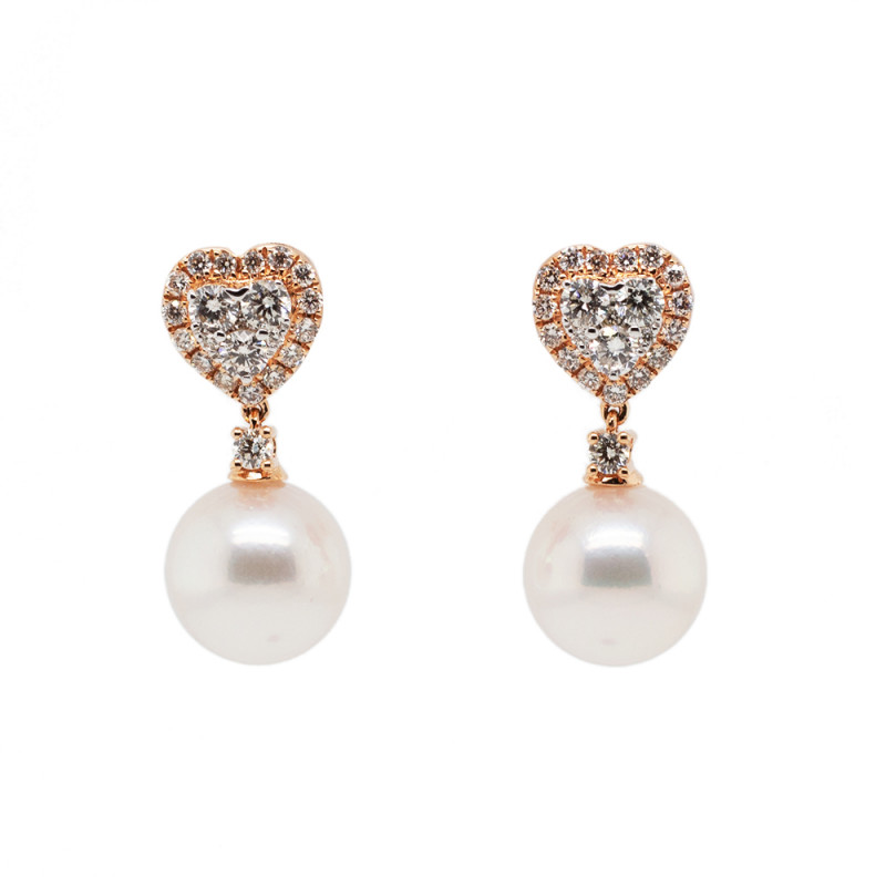 Dangle Pearl Heart Earrings in 18K Rose Gold