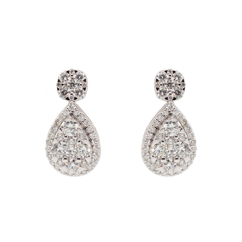Pear Drop Down Mini Diamond Cluster Earrings in 18K White Gold